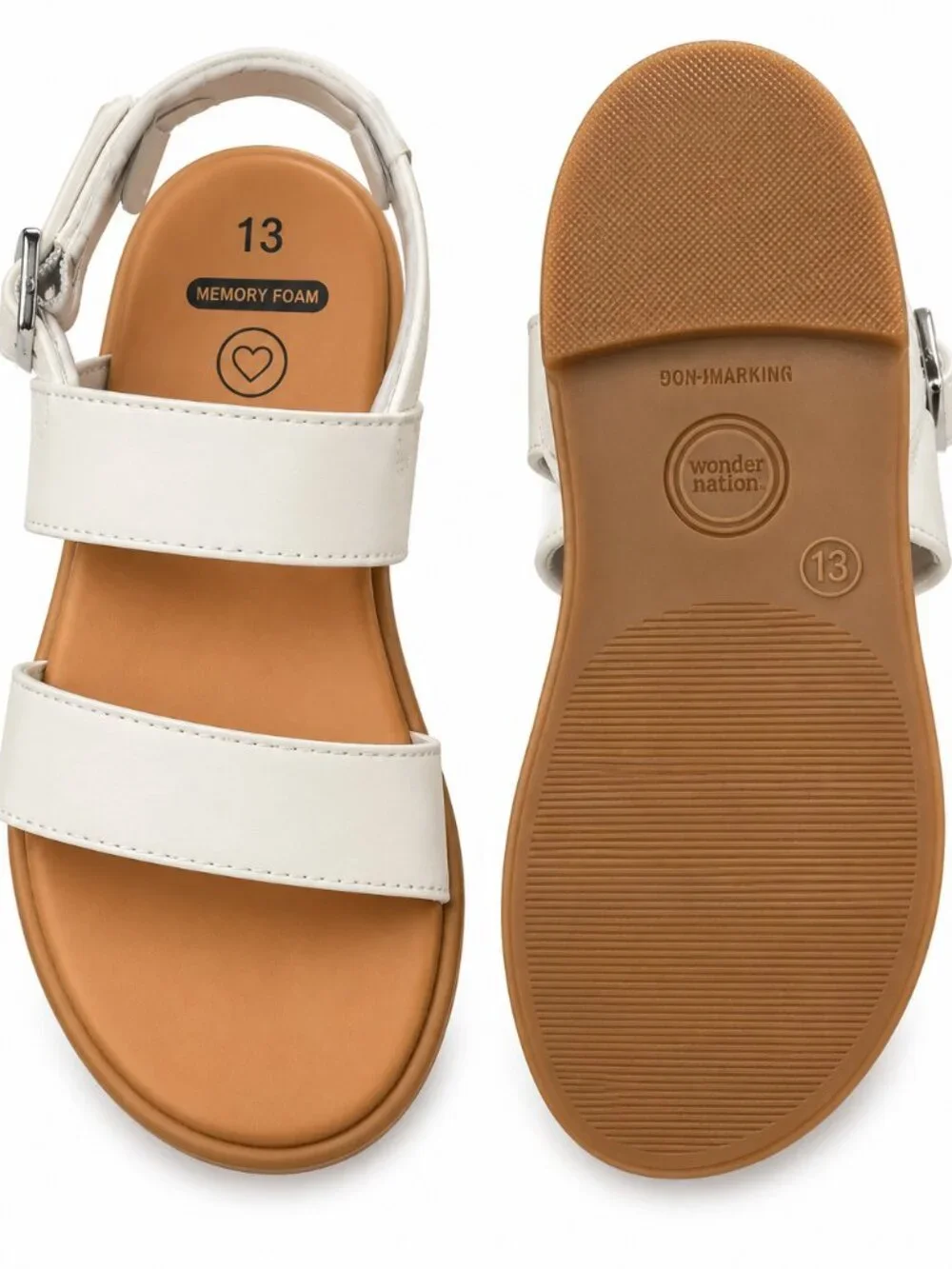 Wonder Nation Girls Sandals Size 13 White Memory Foam Ankle Strap Flat Shoes